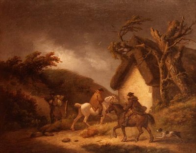 Ett stormigt skogslandskap med resenärer av George Morland