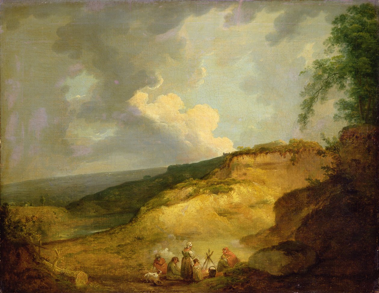 Ett vidsträckt bergslandskap med ett zigenarläger i förgrunden (olja på duk) av George Morland
