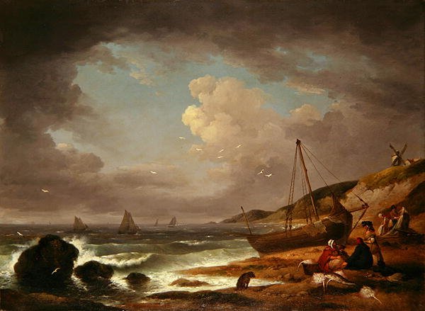 Kustscen med män som lagar en båt (olja på duk) av George Morland