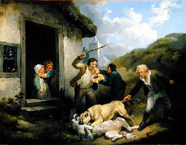 Dogs Fighting (olja på duk) av George Morland