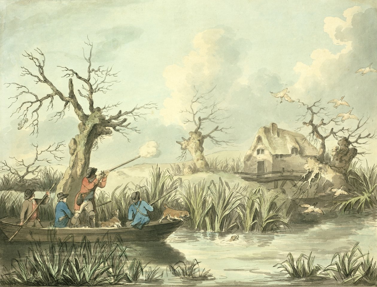 Duck Shooting, etsat av Thomas Rowlandson (1756-1827), pub. av J. Harris, 1789 (färgad etsning) (se även 125725-27) av George Morland
