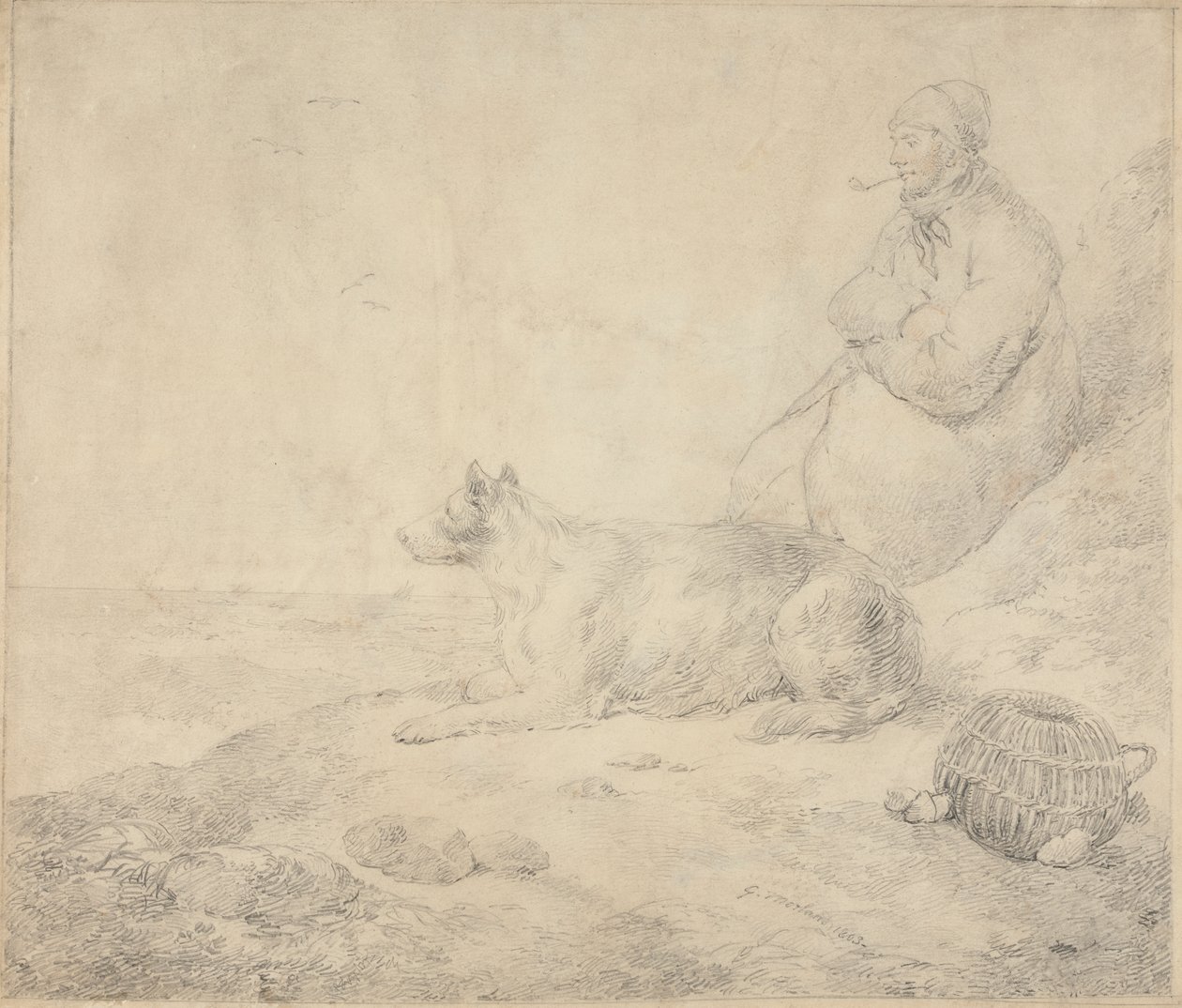 Fiskare och hund sitter vid kusten av George Morland