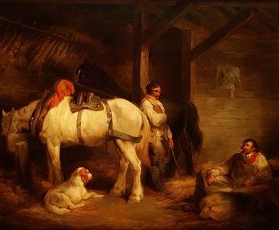 Arbetare och karthästar i en stabil interiör av George Morland