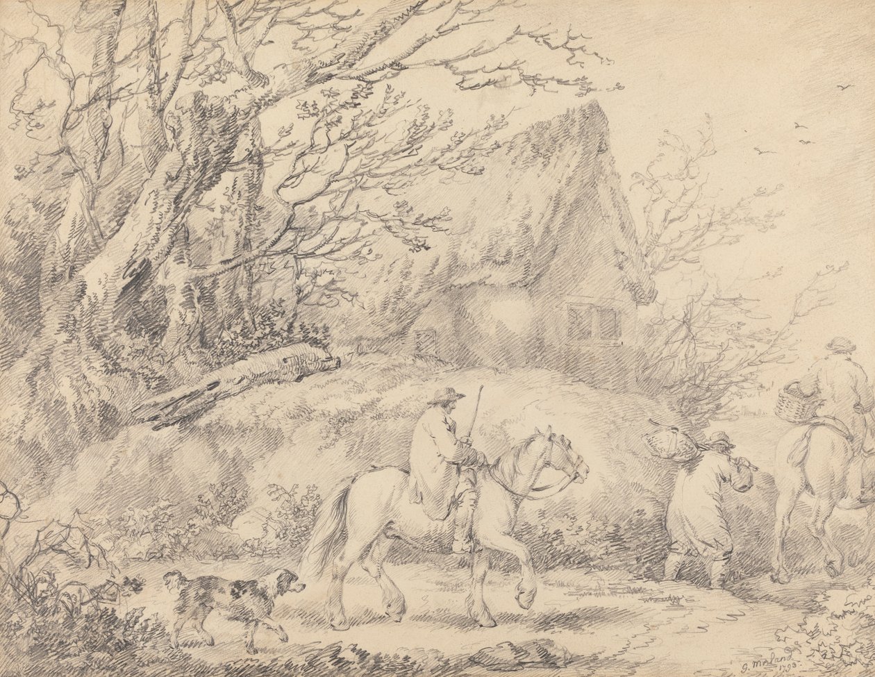Landskap med stuga och figurer till häst av George Morland