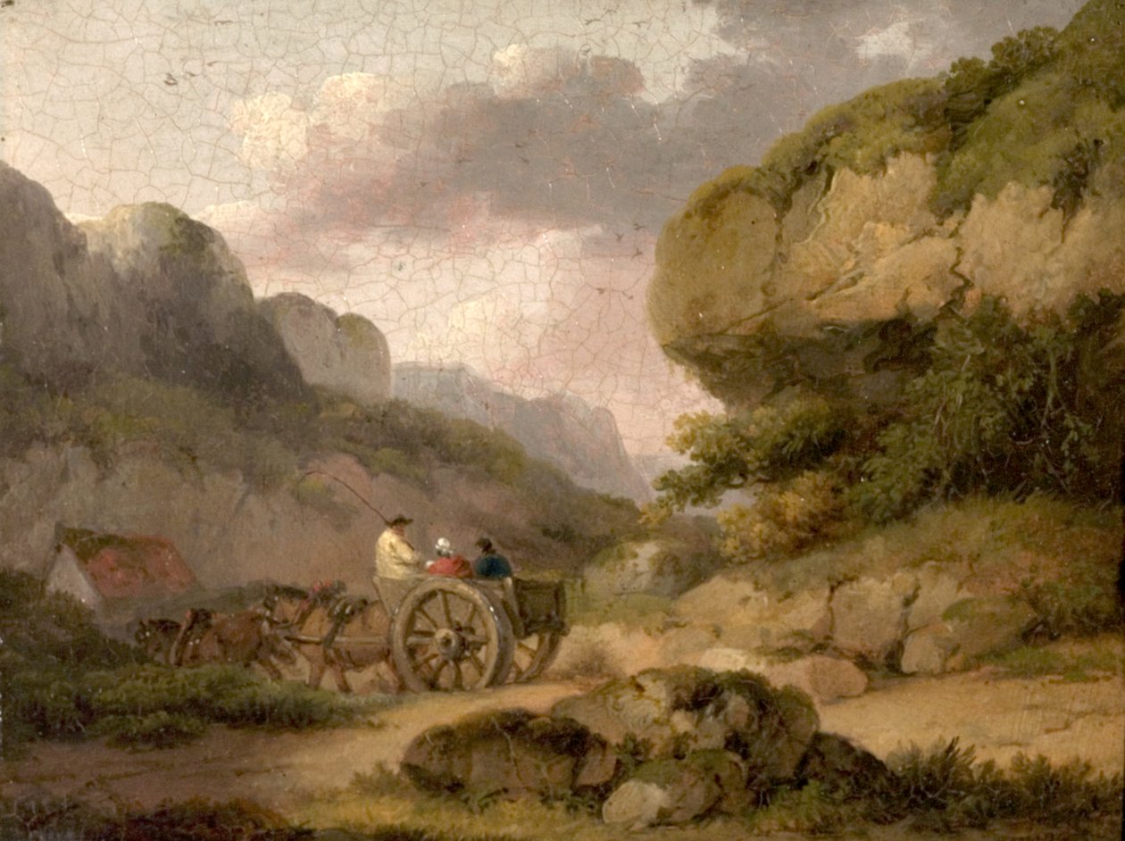 Landskap med hästar, vagn och figurer av George Morland
