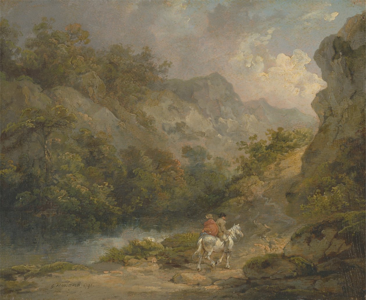 Stenigt landskap med två män på en häst av George Morland