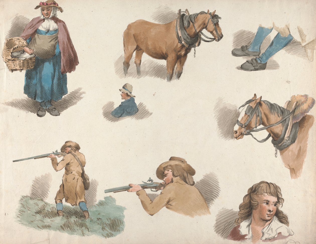Uppsättning av fem: Åtta studier: Kvinna med korg, Blinkered Cart Horse, etc. av George Morland