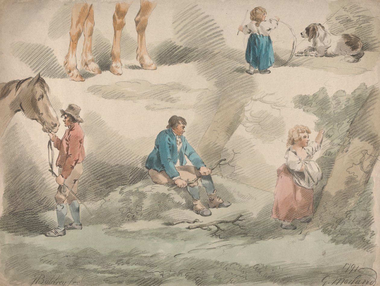Set om fem: Studier av flickor, en leker med bågen, en plockar bär, man och häst, etc. av George Morland