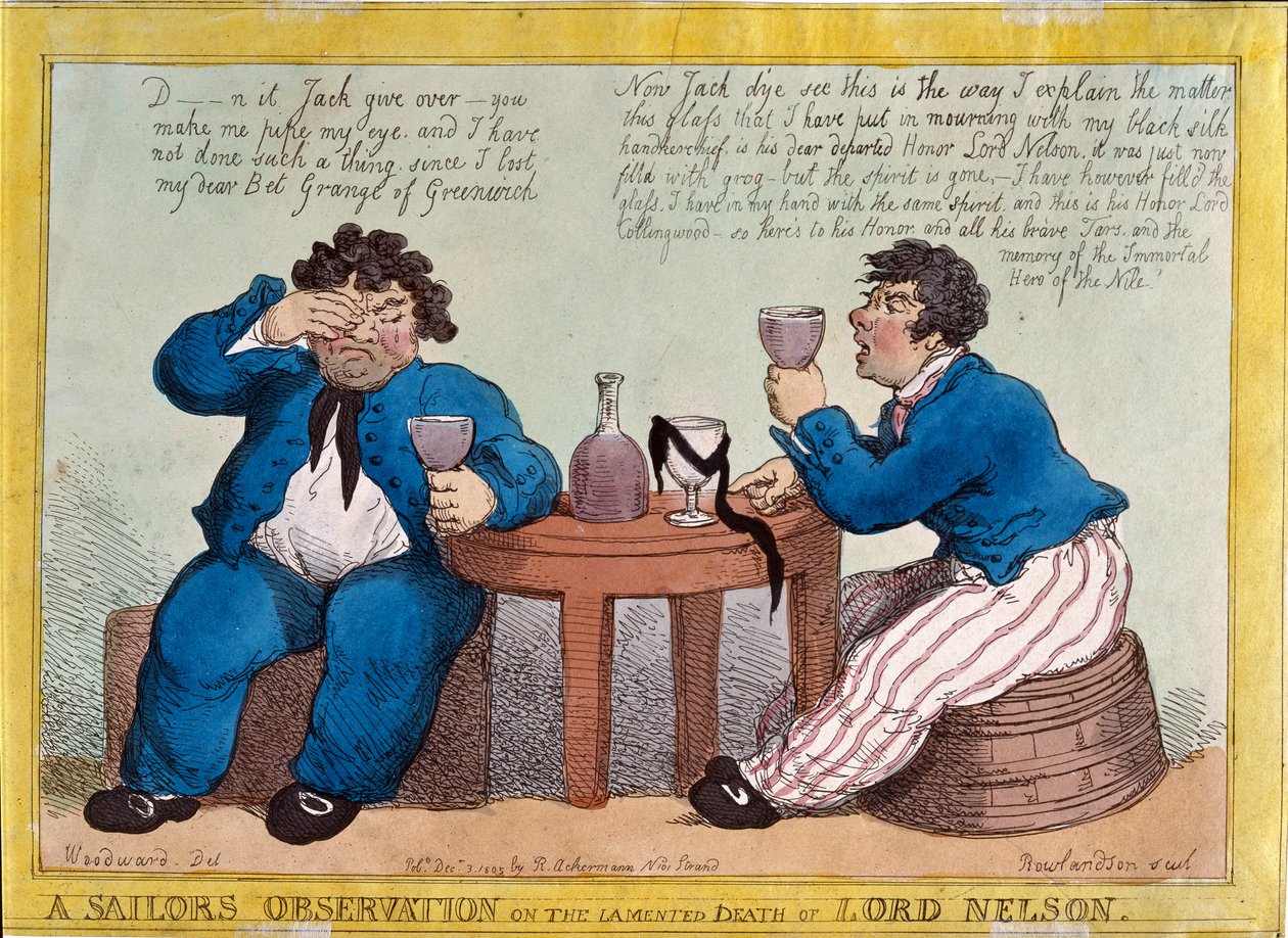 En sjömans observation på Lord Nelsons beklagade död, graverad av Thomas Rowlandson (1756-1827) publicerad av Rudolph Ackermann, 3 december 1805 (färgerad etsning) av George Moutard Woodward