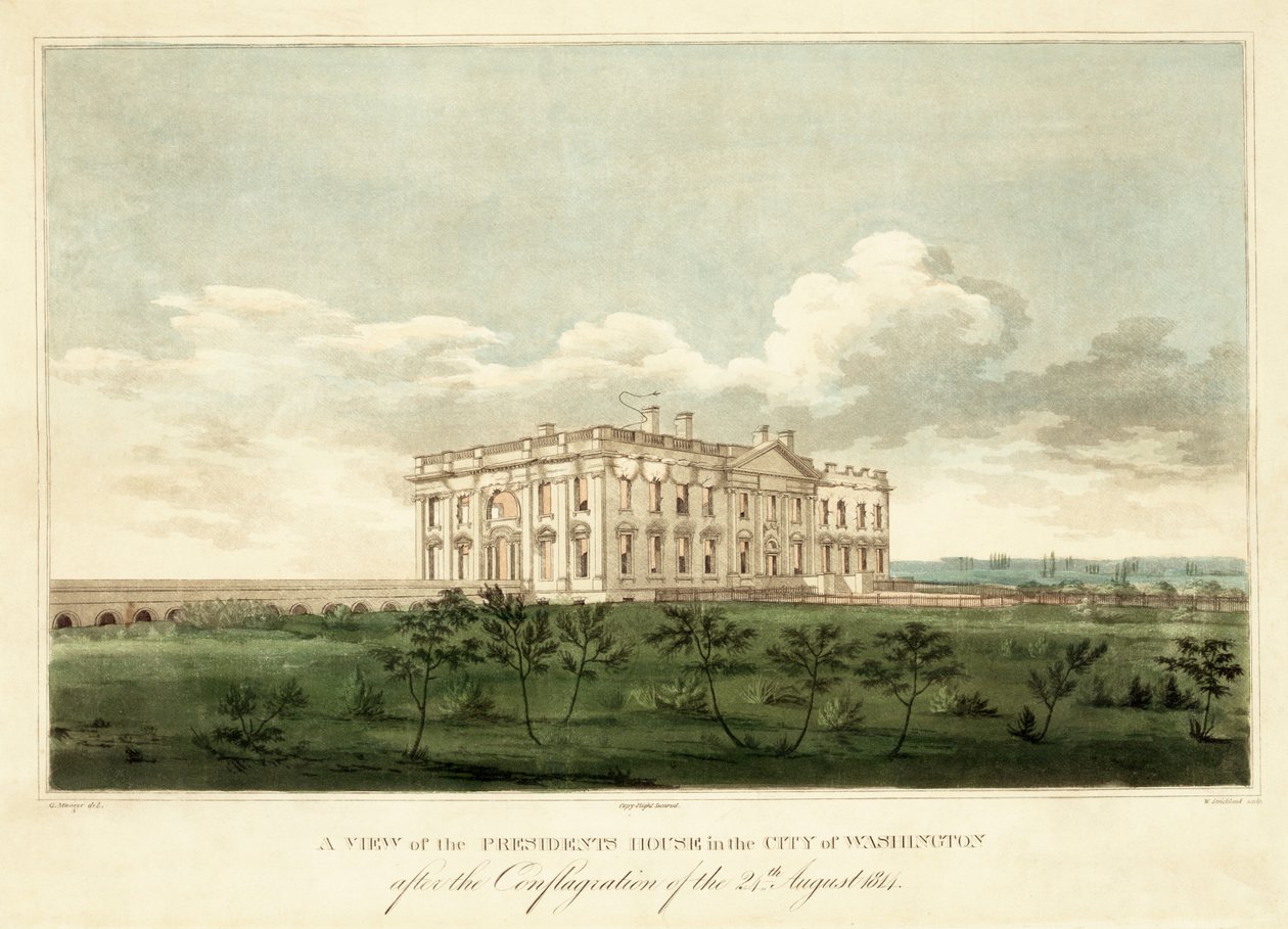 En beskåda av presidenthuset i staden Washington efter eldsvådan den 24 augusti 1814, pub. 1814 av George Moutard Woodward