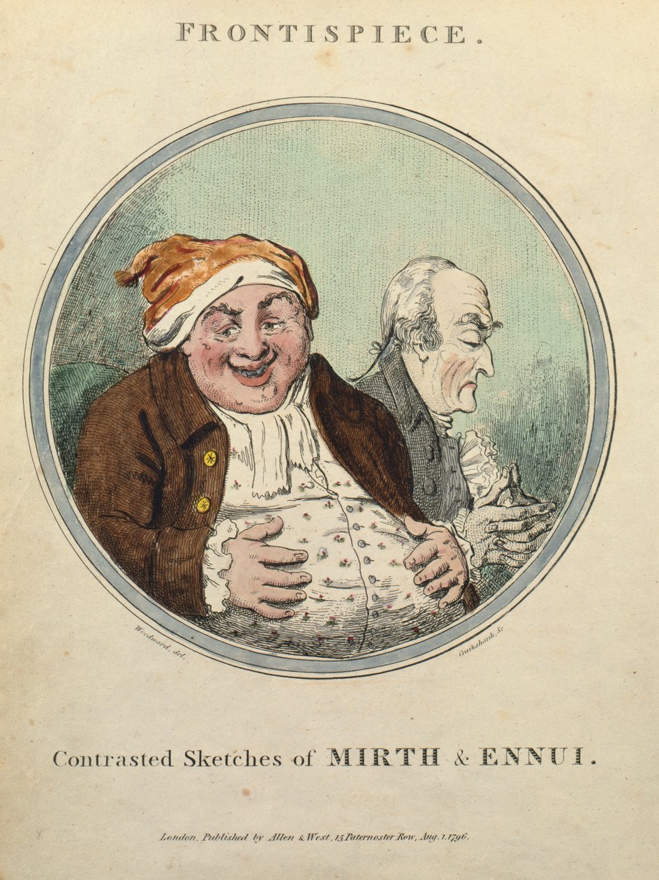 Kontrasterade Sketches of Mirth and Ennui (handfärgad etsning) av George Moutard Woodward