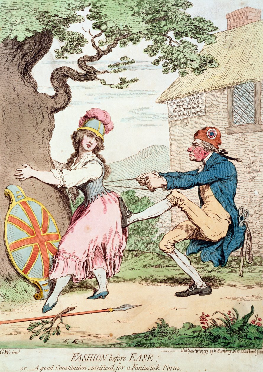 "Mode före lätthet, eller en bra konstitution som offrats för en fantastisk form", pub. av Hannah Humphrey, 1793 (se även 89937) av George Moutard Woodward