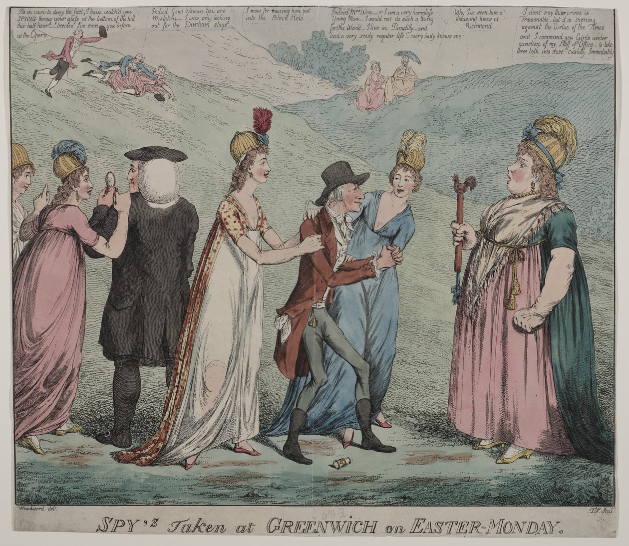 Moder Windsor med fyra av sina kurtisaner beordrar sina flickor att arrestera biskopen av Durham och hertigen av Queensbury, 1798 (färgetsning) av George Moutard Woodward