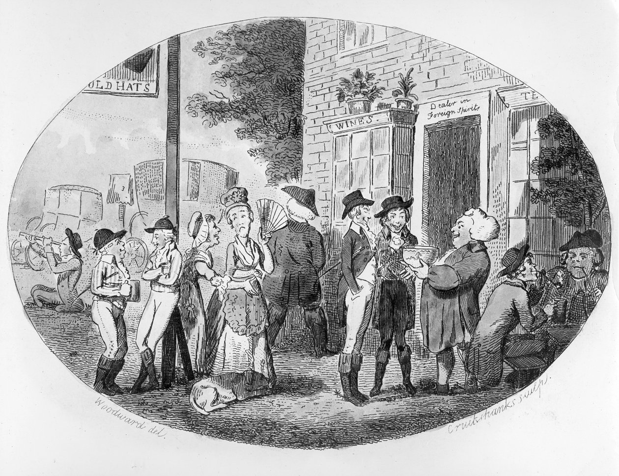 Utanför Old Hats Tavern, graverad av Isaac Cruikshank, 1796 av George Moutard Woodward