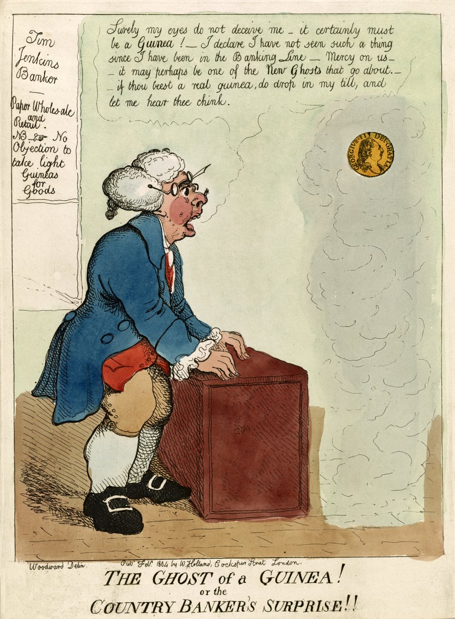 The Ghost of a Guinea! eller Country Bankers överraskning!, pub. 1804 (handfärgad gravyr) av George Moutard Woodward