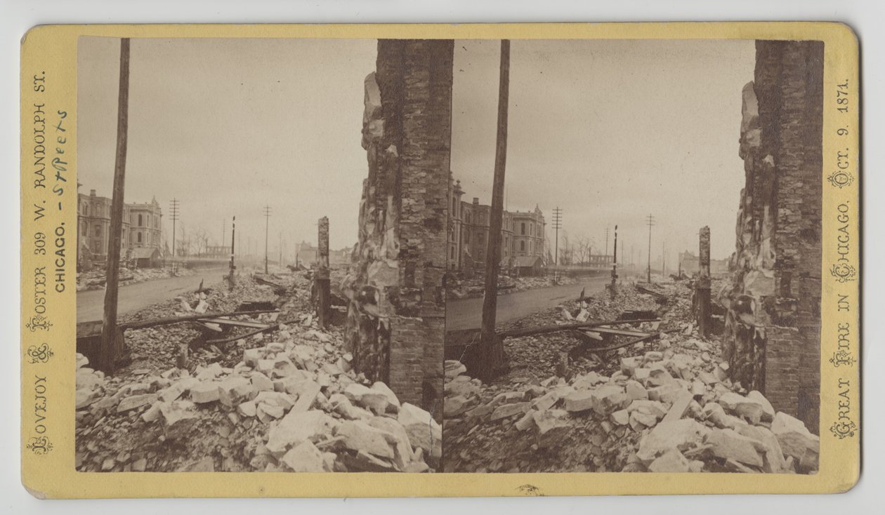 Stereograf av Washington Street från hörnet av LaSalle Street med utsikt österut efter Chicago-branden 1871, 1871 (bw-foto på kortfäste) av George N. Barnard