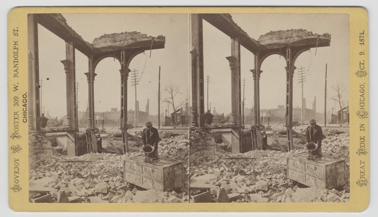 Stereograf av en man som kyler ett kassaskåp bland ruinerna efter Chicago-branden 1871, 1871 (bw-foto på kortfäste) av George N. Barnard