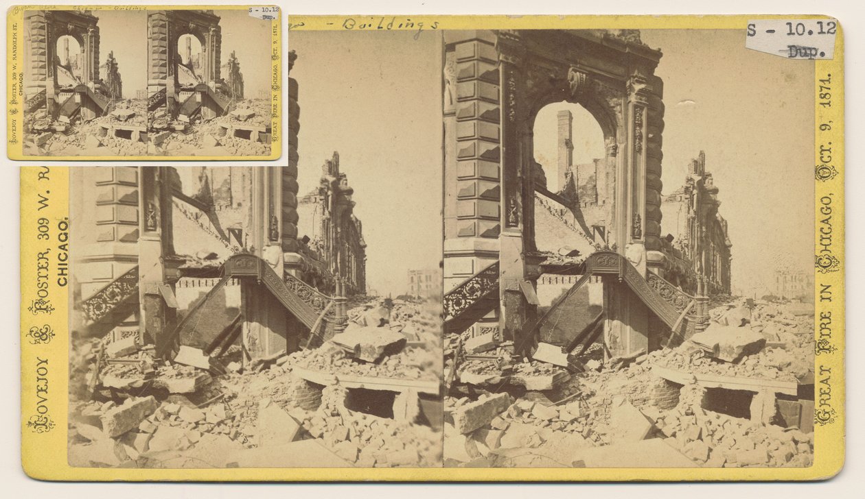 Stereograf av Bryan Block i nordvästra hörnet av Monroe och LaSalle Streets efter Chicago-branden 1871, 1871 (bw-foto på kortfäste) av George N. Barnard