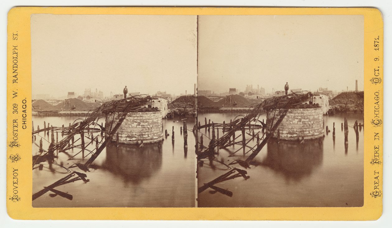 Stereograf av Van Buren Street-bron efter Chicago-branden 1871, 1871 (bw-foto på kortfäste) av George N. Barnard