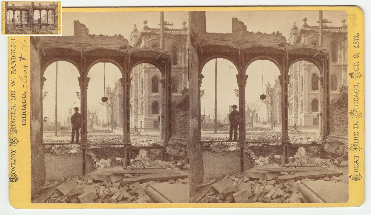 Stereograf av domstolsbyggnaden sett genom ruinerna av östra sidan av Clark Street efter Chicago-branden 1871, 1871 (bw-foto på kortfäste) av George N. Barnard