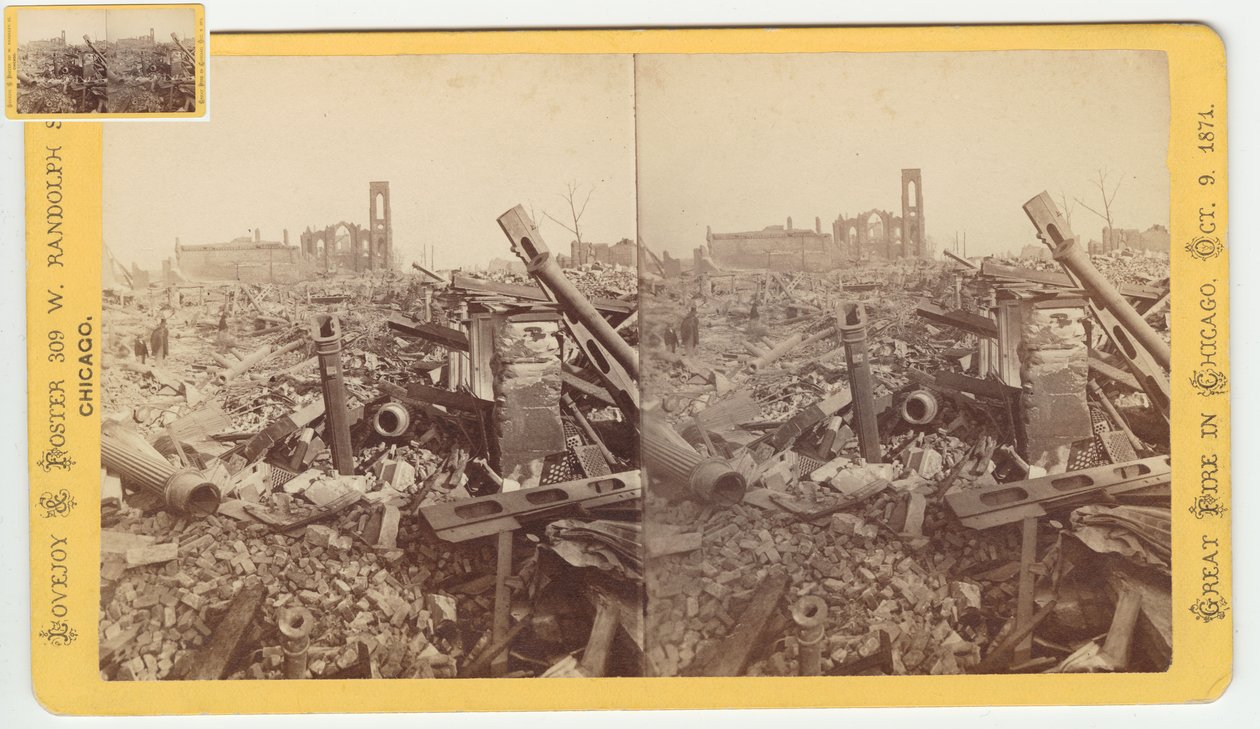 Stereograf av ruinerna av Mammoth Store of Field & Leiter efter Chicago-branden 1871, 1871 (bw-foto på kortfäste) av George N. Barnard