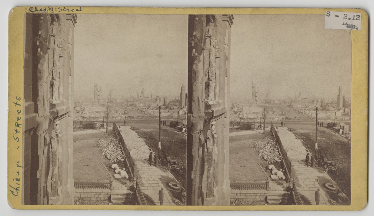 Stereografvy av Clark Street efter branden i Chicago 1871 av George N. Barnard