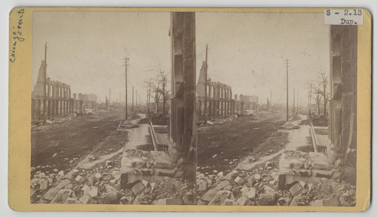 Stereografvy av Clark Street efter branden i Chicago 1871 av George N. Barnard