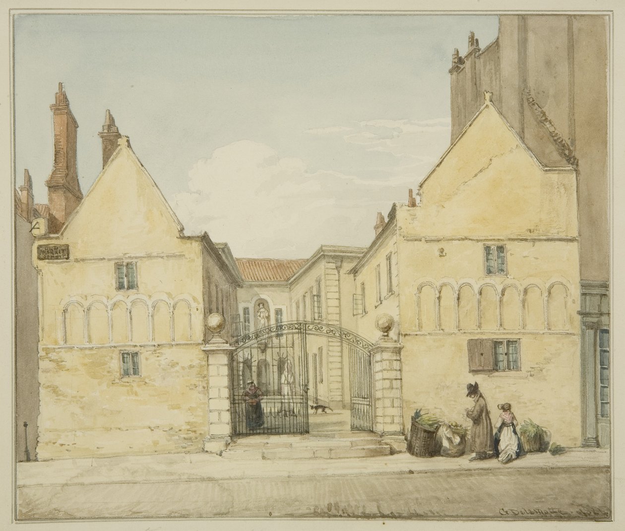 Barnstaple Almshouses, Trinity Hospital, Old Market (penna och akvarell på papper) av George Orleans Delamotte