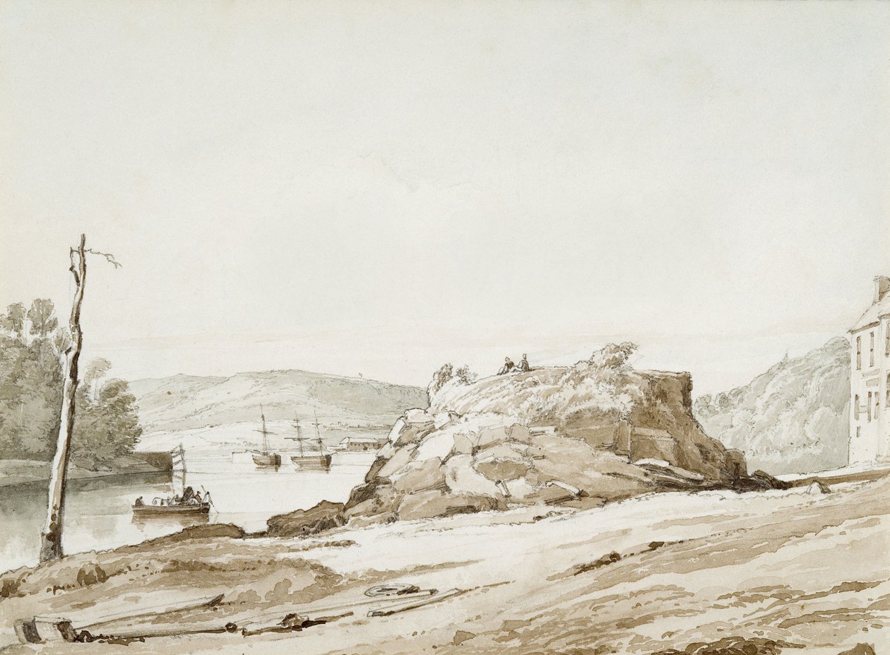 Briton Ferry (sepiatvätt  blyerts på papper) av George Orleans Delamotte