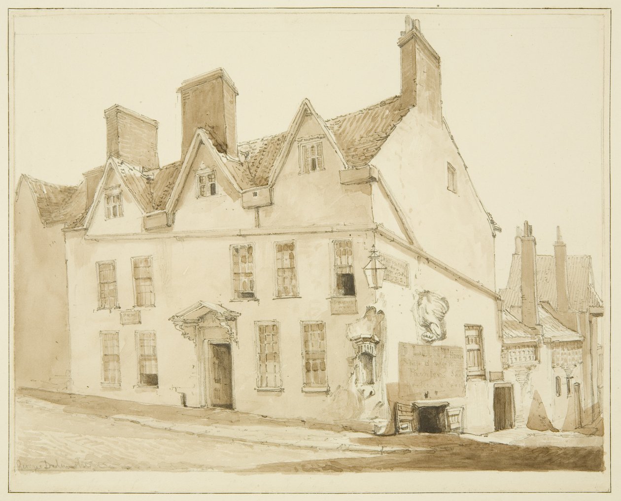 Corner of Pipe Lane och Frogmore Street (penna och akvarell på papper) av George Orleans Delamotte