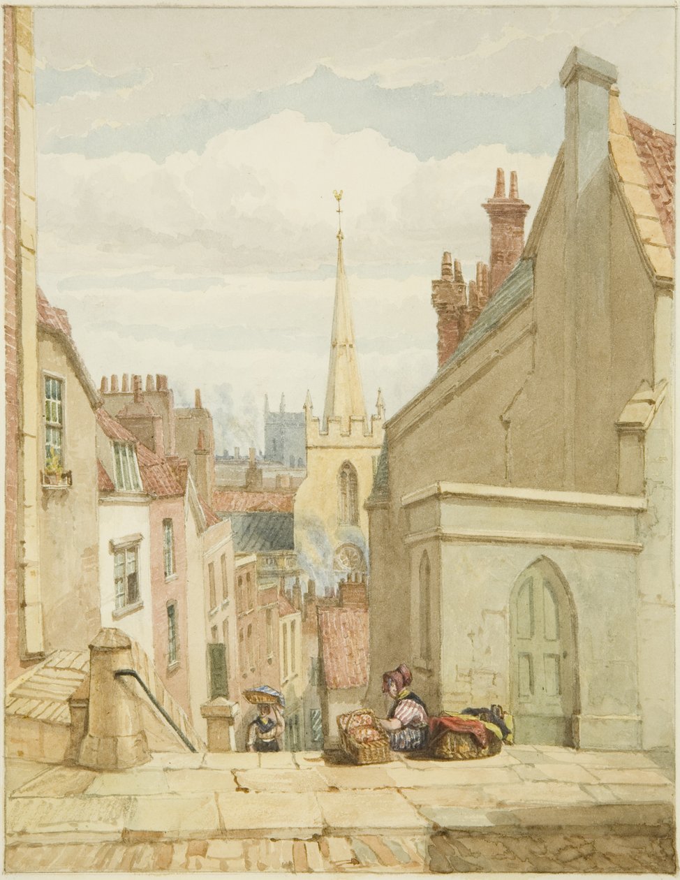 Queen Street [senare Christmas Steps] (penna och akvarell på papper) av George Orleans Delamotte