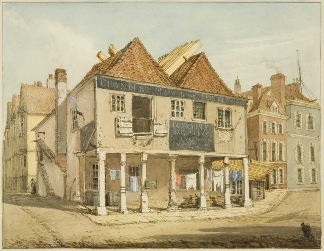 Den gamla majsmarknaden på kajen (penna och akvarell på papper) av George Orleans Delamotte