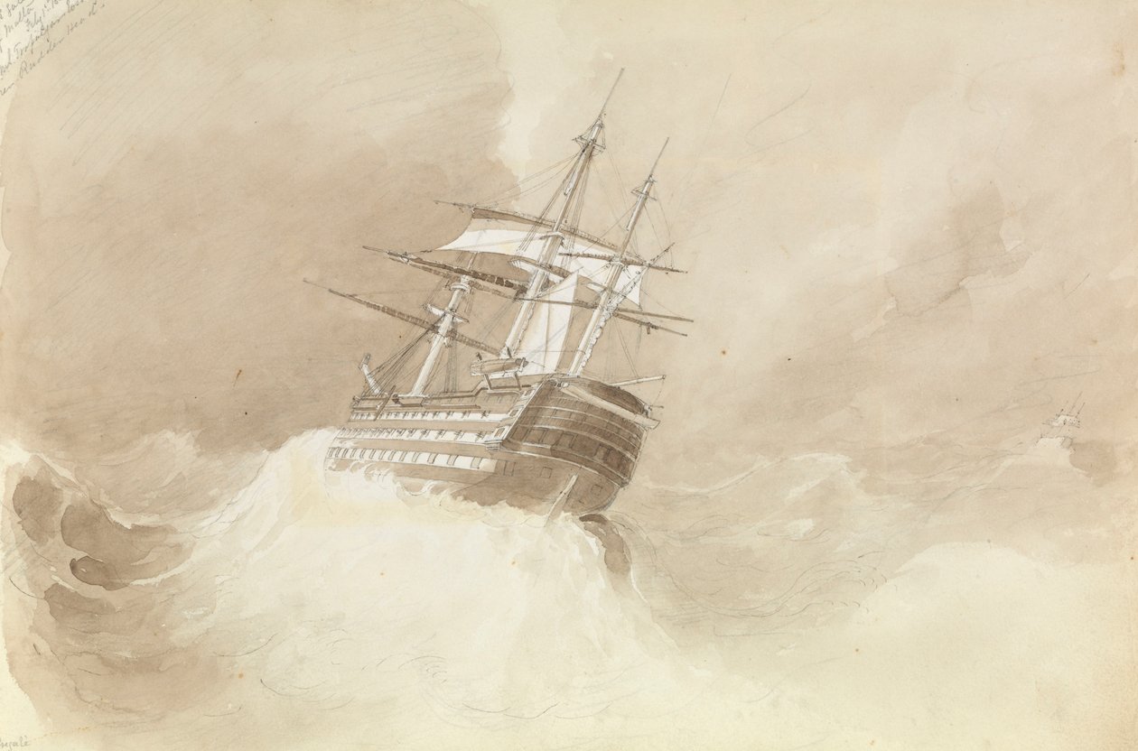 HMS "Trafalgar" förlorar roderspetsen i nordostlig kuling utanför Malta av George Pechell Mends