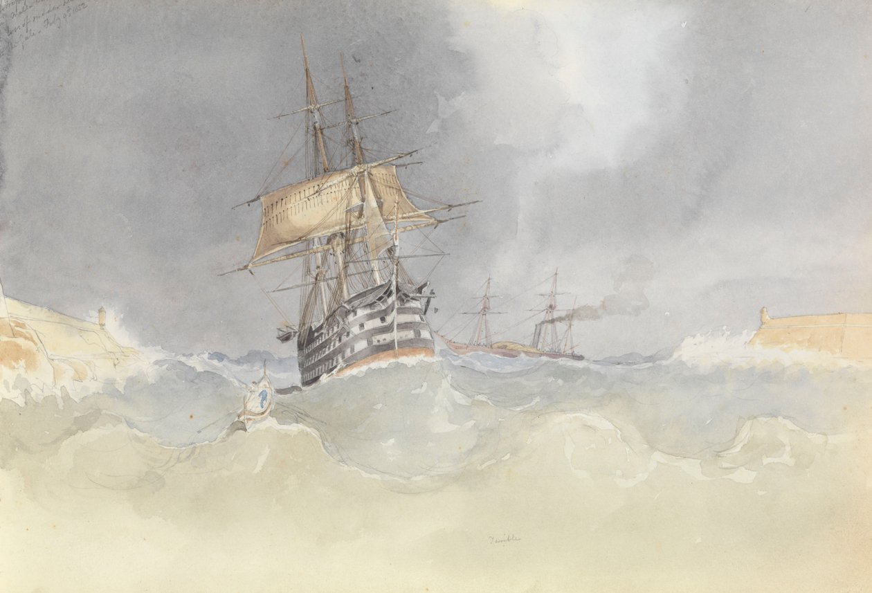 HMS "Trafalgar" seglar in i Maltas hamn efter att ha förlorat roderspetsen i en storm, 9 februari 1852 av George Pechell Mends