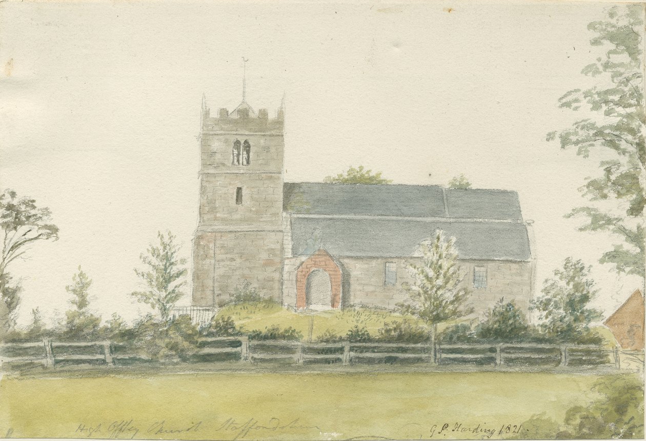 High Offley Church: akvarellmålning, 1821 av George Perfect Harding