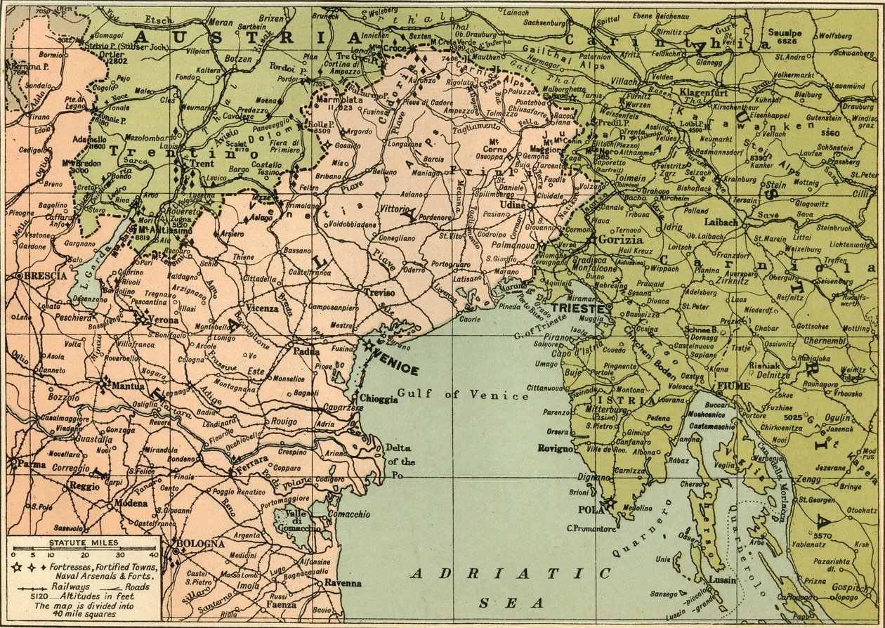 Karta över den italienska stridsfronten, 1919. av George Philip and Son Ltd