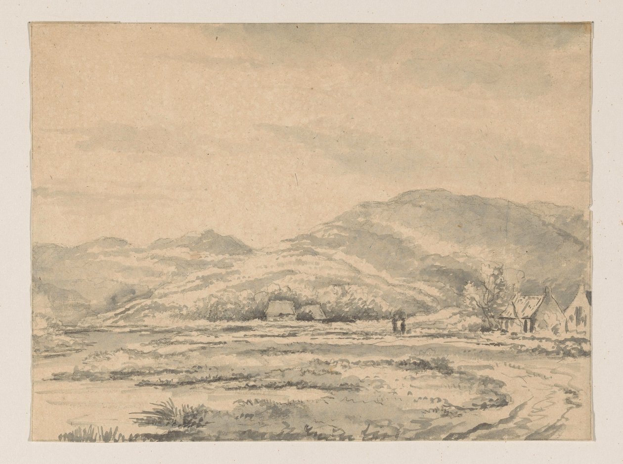 Kuperat landskap med några hus och en flod till vänster av George Pieter Westenberg