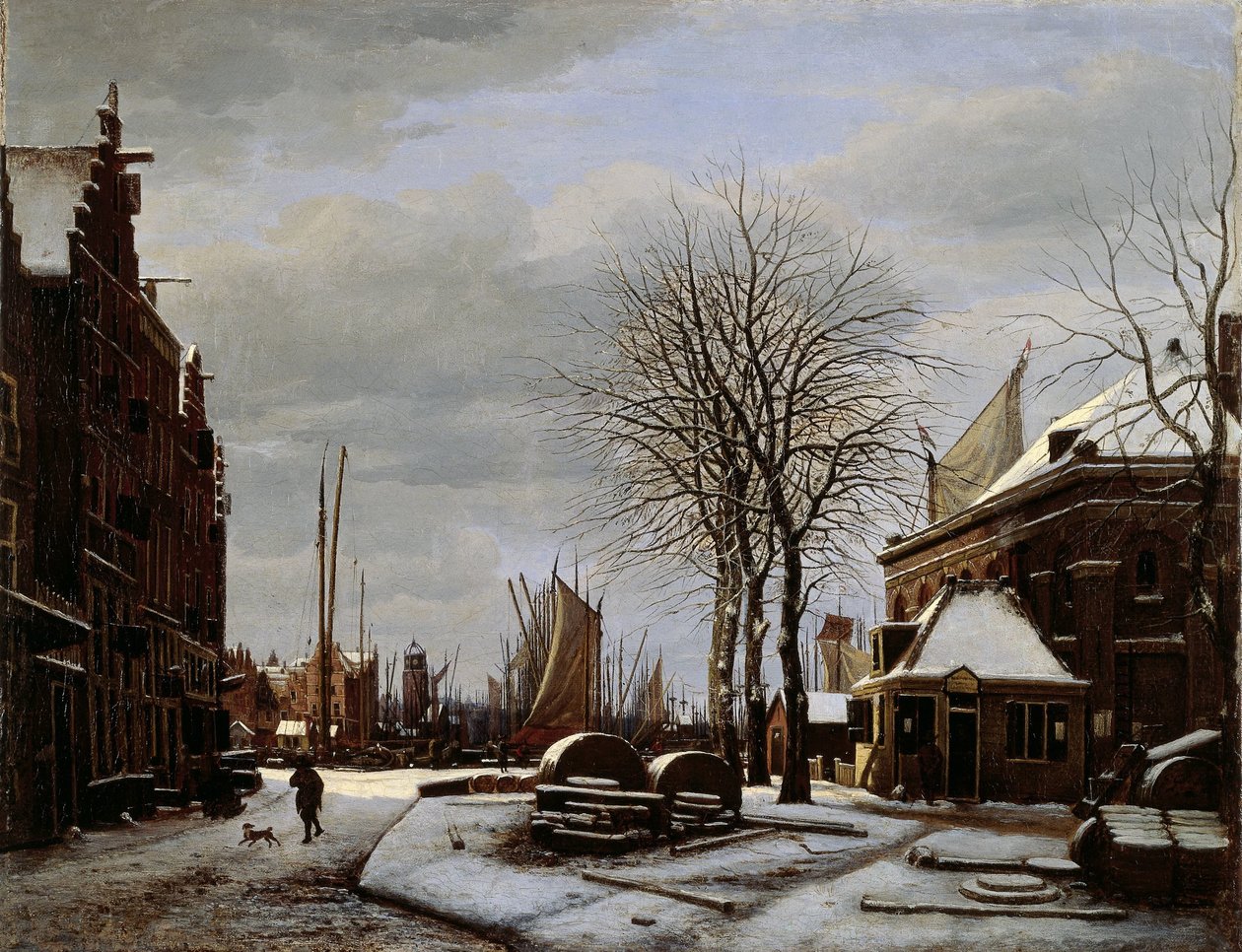 Slijpsteenmarkt (Whetstone Market) i Amsterdam med byggnaden "Het Zeerecht" på vintern (The Slypsteenen at Amsterdam) av George Pieter Westenberg