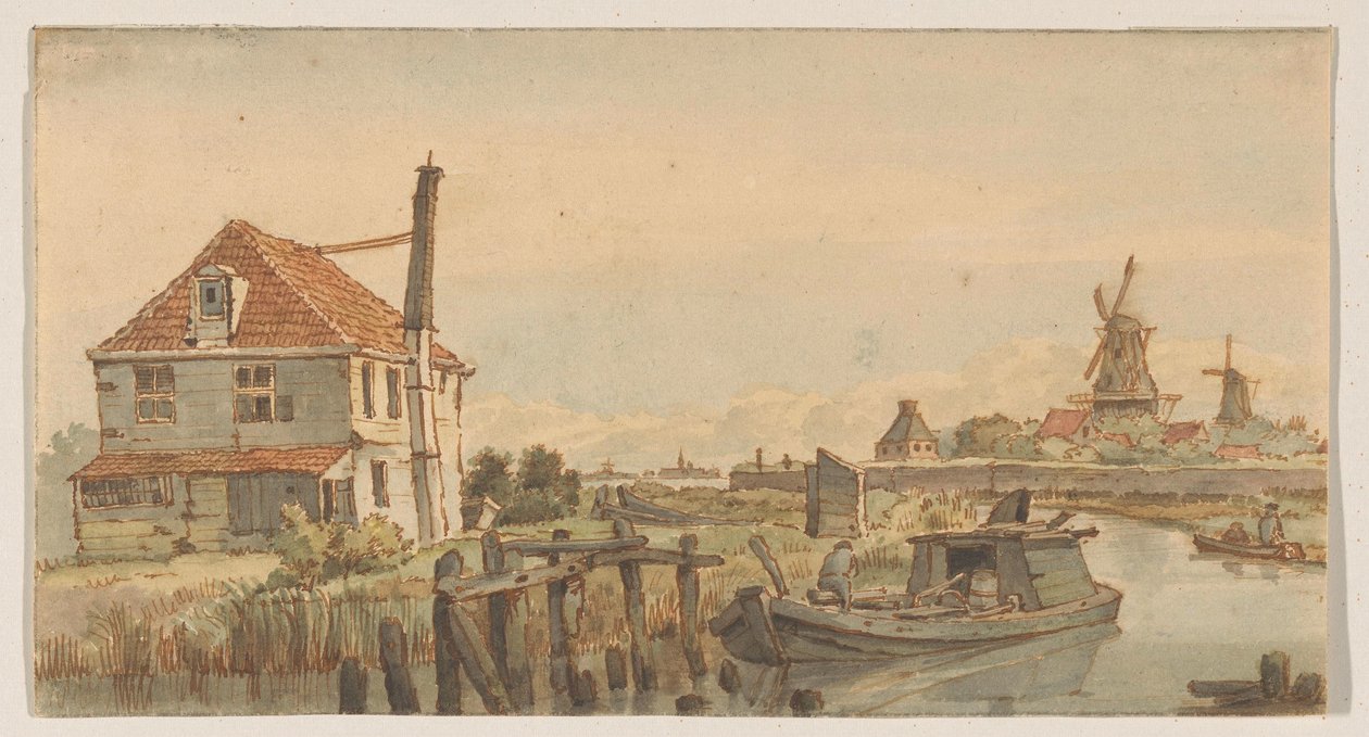 Segla med en båt, ett hus och två väderkvarnar av George Pieter Westenberg