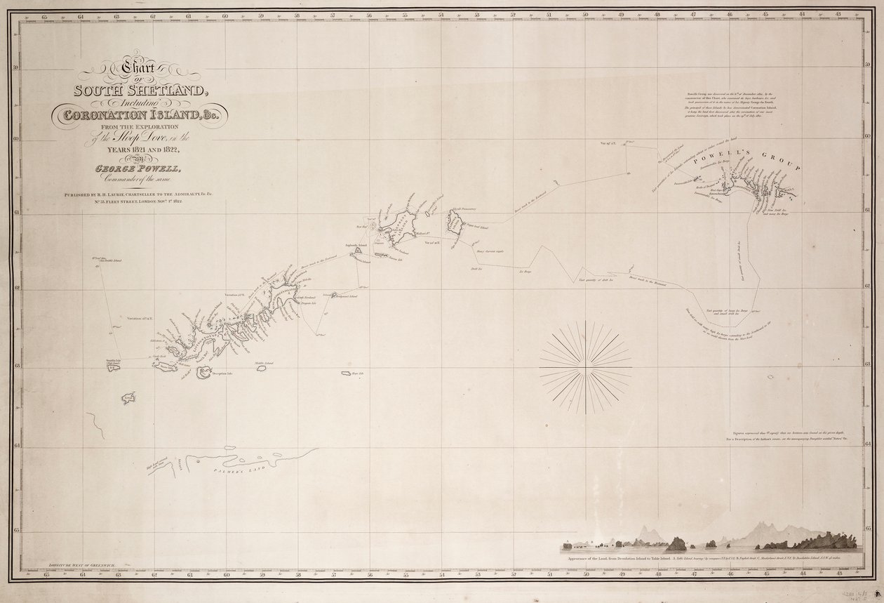 Karta över södra Shetland inklusive Coronation Island, från utforskningen av sloop Dove under åren 1821 och 1822 av George Powell Commander of the same av George Powell