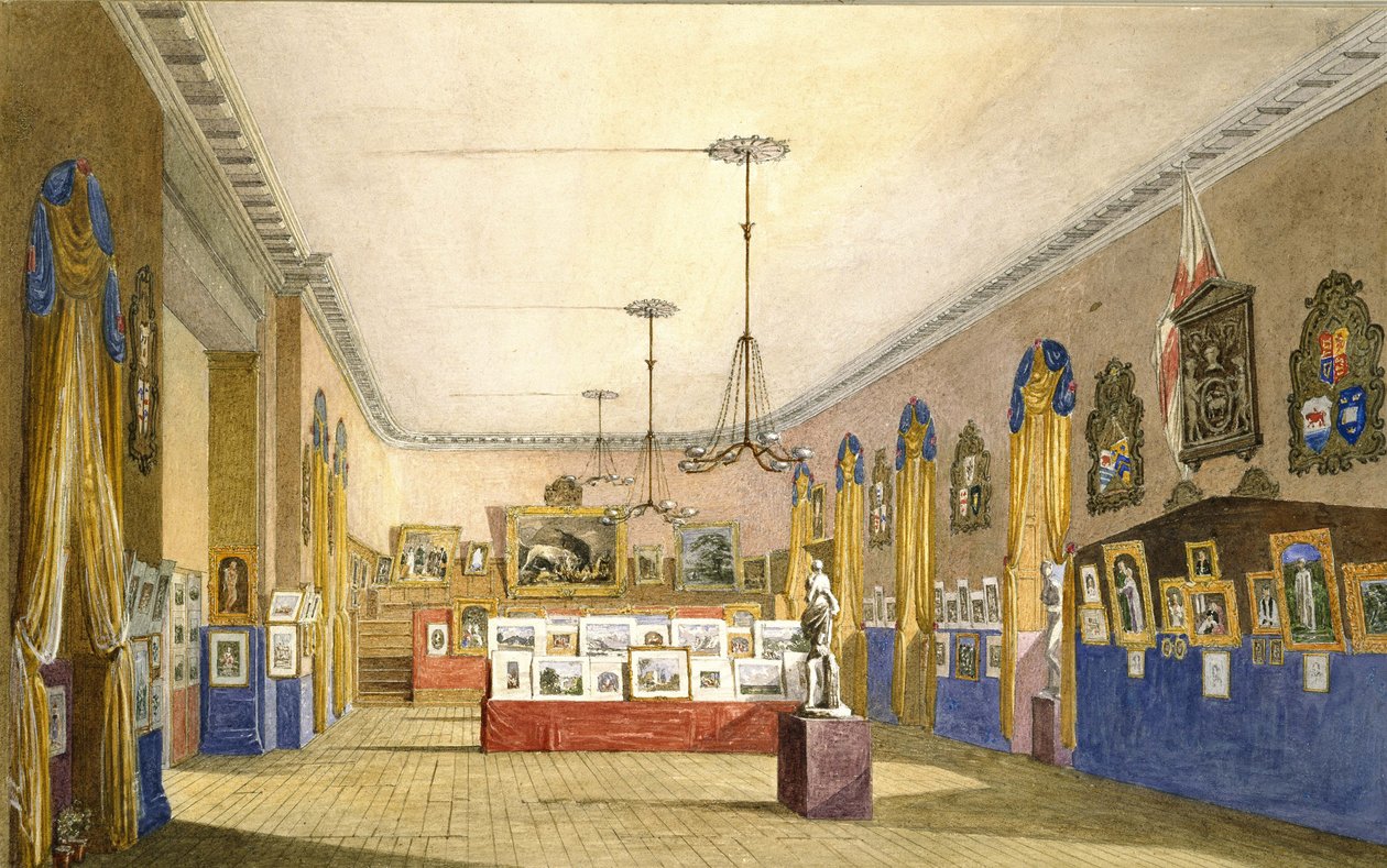 An Exhibition at the Old Town Hall, Oxford, 1854 (akvarell och karosseri över blyerts på styvt papper, på originalmontering) av George Pyne