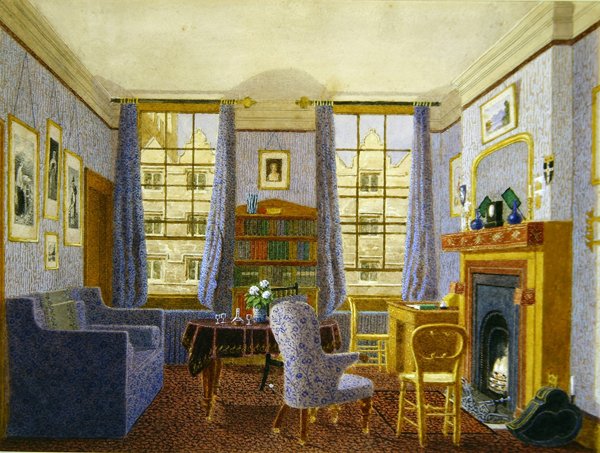 En students vardagsrum, Christ Church, Oxford (akvarell på papper) av George Pyne
