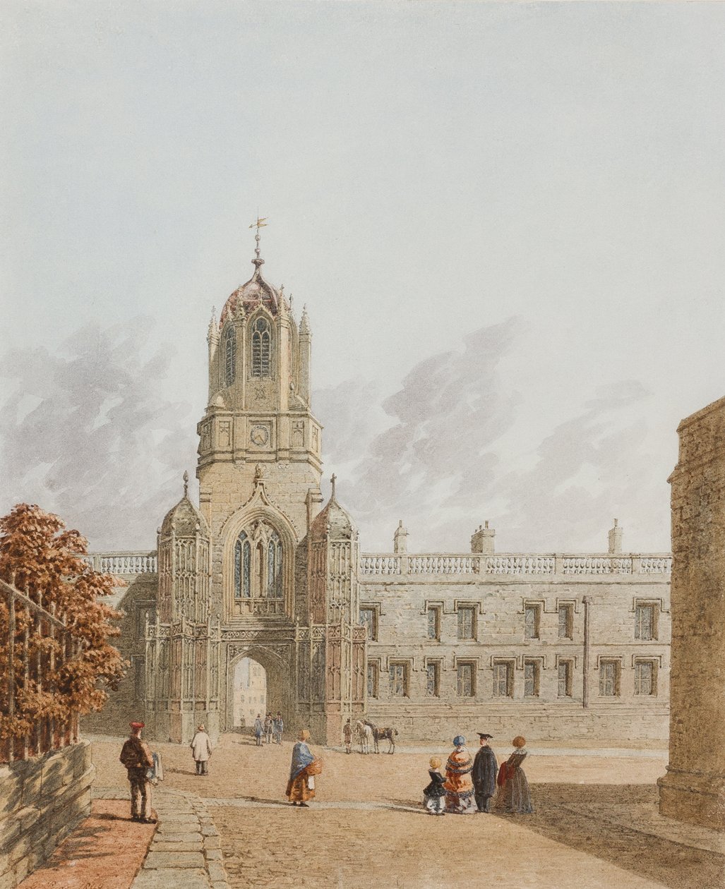 Tom Tower, Christ Church från Pembroke Square, Oxford, 1849 (bläck & wc på papper) av George Pyne