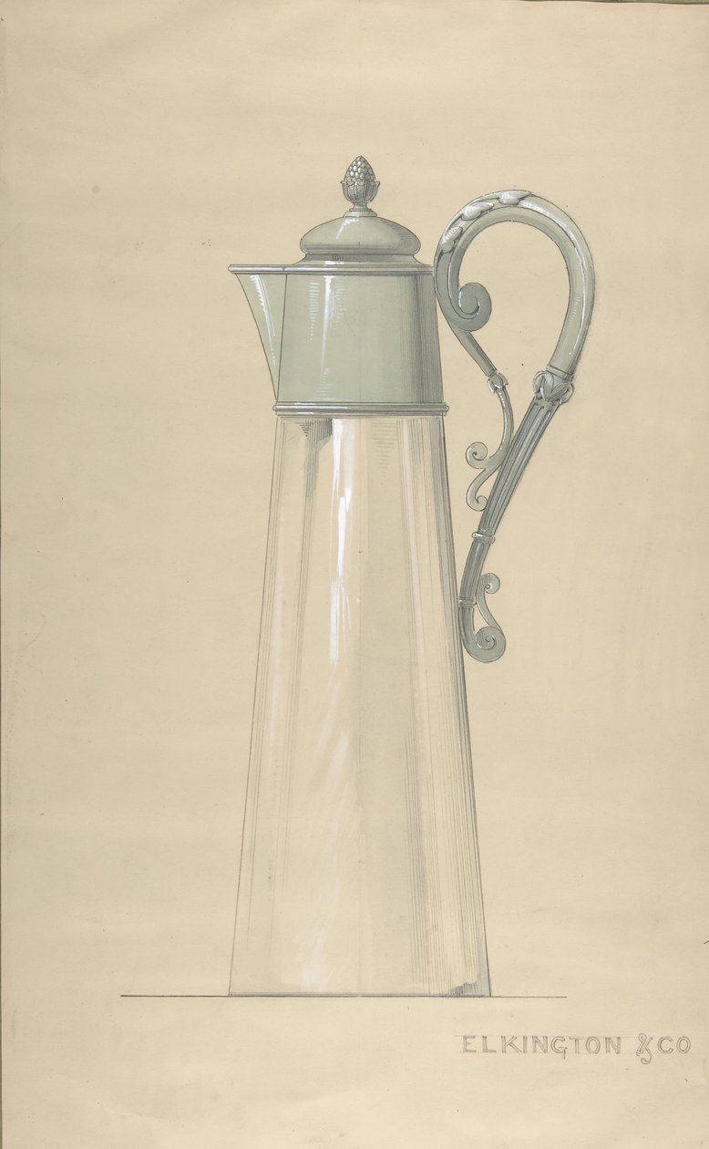 Design för glas- och silvervattenkanna, med lock, 1820-65. av George Richards Elkington