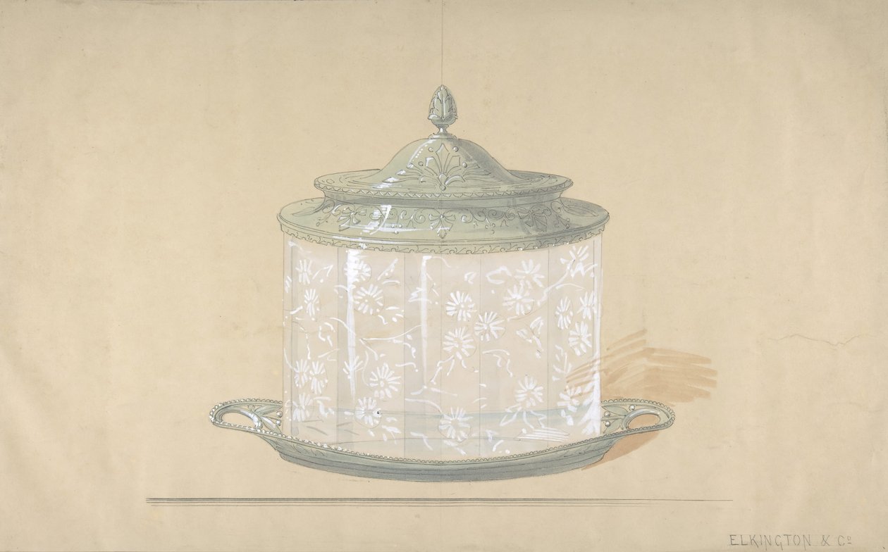 Design för en glaslåda med silverbotten och lock, 1820-65. av George Richards Elkington