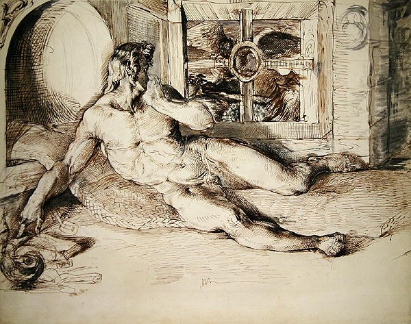 En liggande ungdom skräms av en uggla av George Richmond