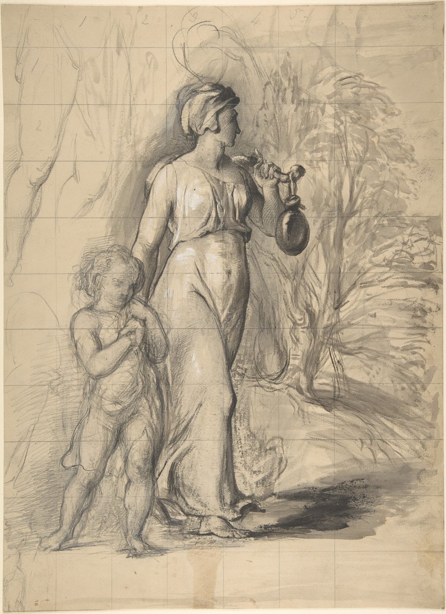 Hagar och Ismael i vildmarken (framsida); två porträttstudier av konstnärens hustru och en studie av ett ben och en torso (baksida) av George Richmond
