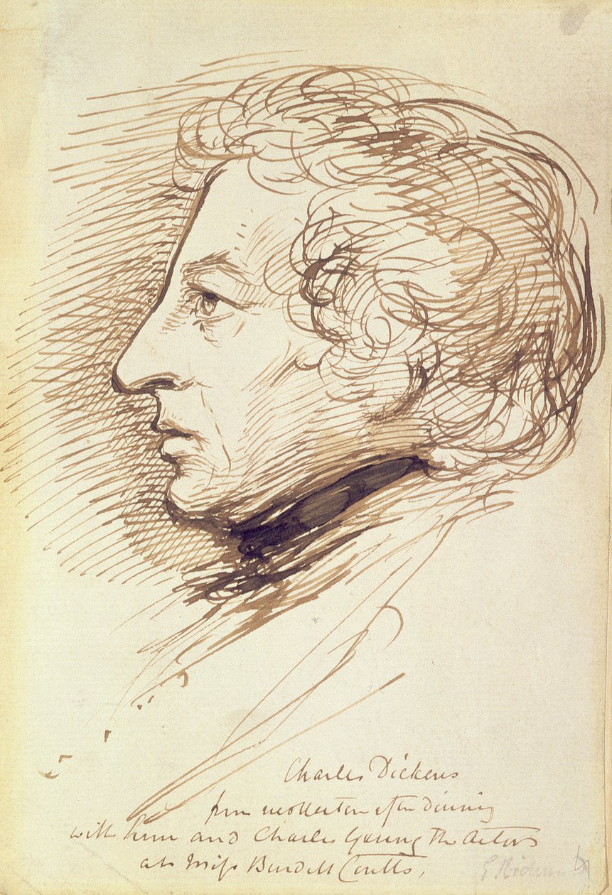 Porträtt av Charles Dickens (1812-70) (penna och brunt bläck på papper) av George Richmond