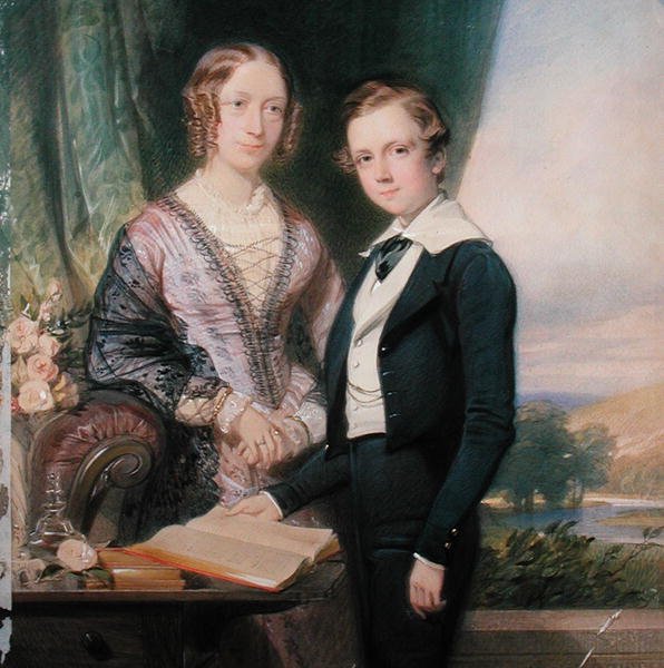 Porträtt av en okänd ung man som står vid sin mamma (akvarell på papper) av George Richmond