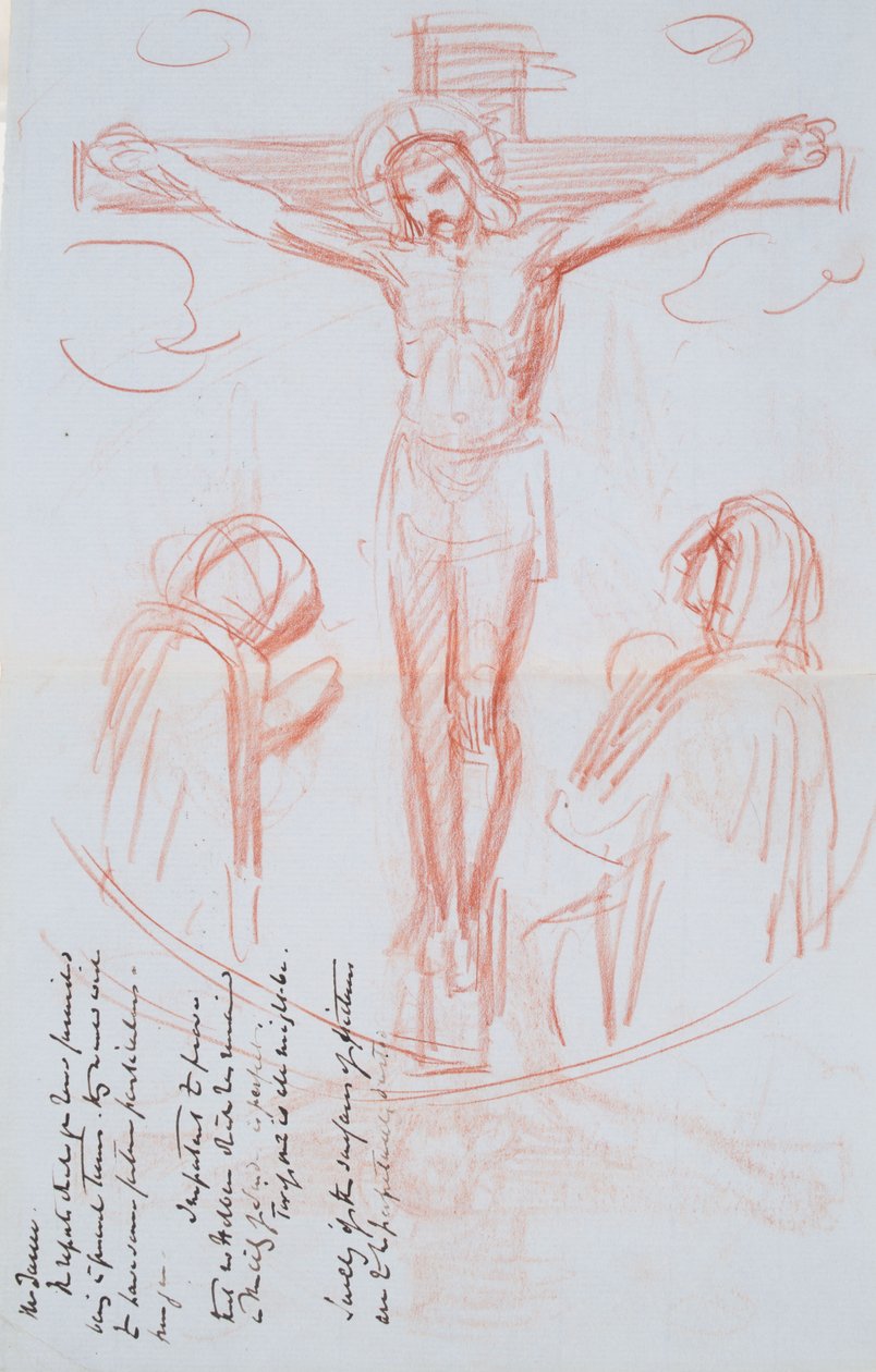 Study of Crucifixion, c.1857 (röd och svart krita på gråblått vattenmärkt papper) av George Richmond